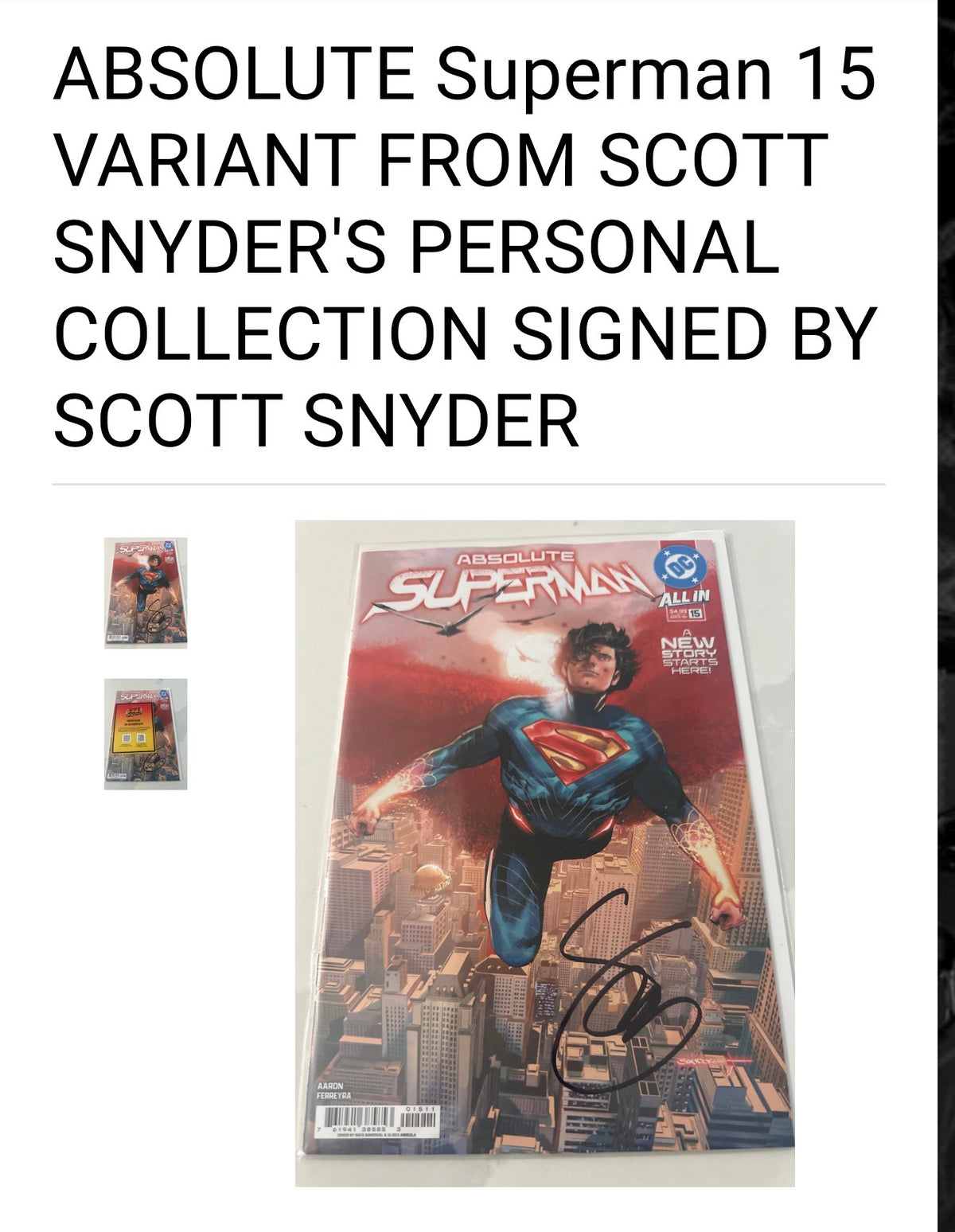 ABSOLUTE SUPERMAN #15 COVER A RAFA SANDOVAL - FROM SCOTT SNYDER'S PERSONAL COMP COLLECTION - SIGNED BY SCOTT SNYDER w/COA