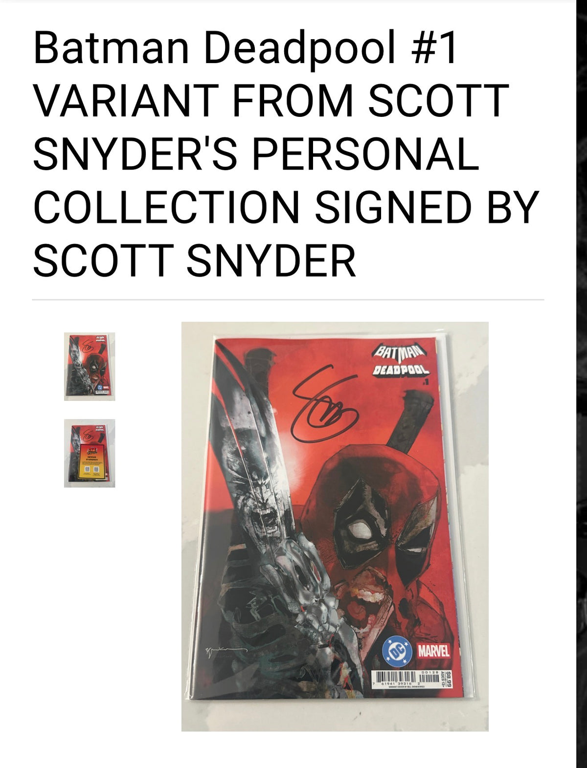 Batman/Deadpool #1 Bill Sienkiewicz Virgin Variant - FROM SCOTT SNYDER'S PERSONAL COMP COLLECTION - SIGNED BY SCOTT SNYDER w/COA