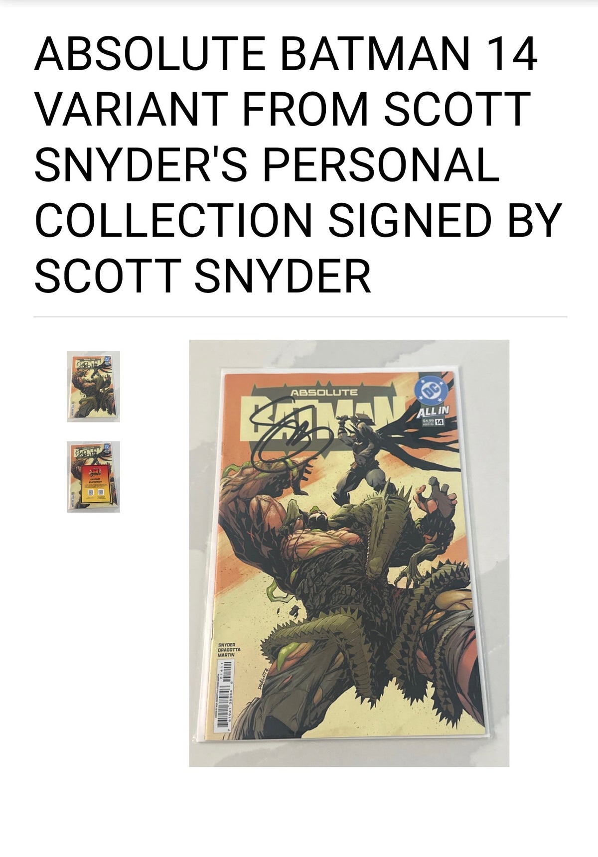 ABSOLUTE BATMAN #14 - FROM SCOTT SNYDER'S PERSONAL COLLECTION - SIGNED BY SCOTT SNYDER w/COA