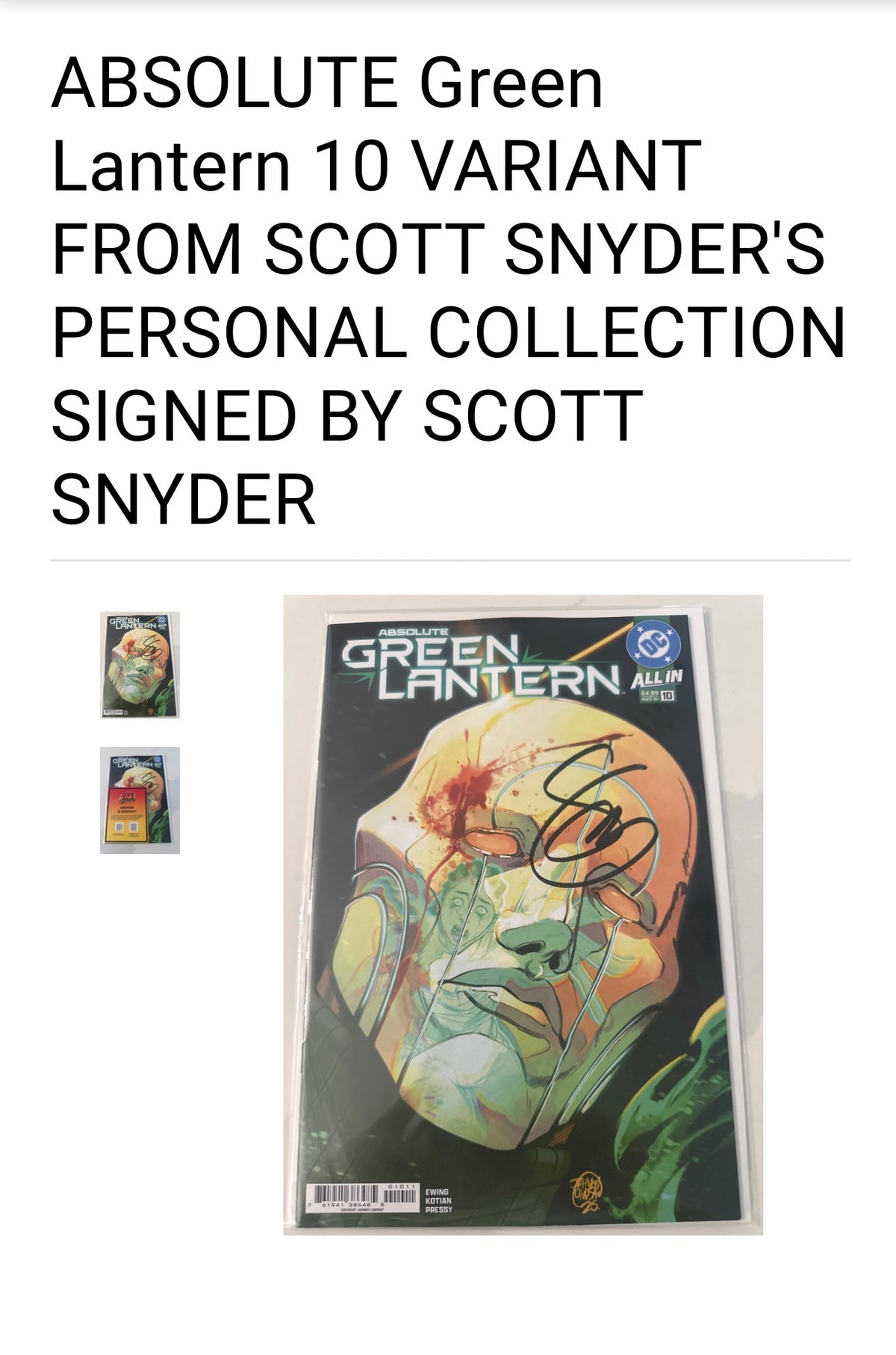 ABSOLUTE GREEN LANTERN #10 A CVR - FROM SCOTT SNYDER'S PERSONAL COLLECTION - SIGNED BY SCOTT SNYDER w/COA