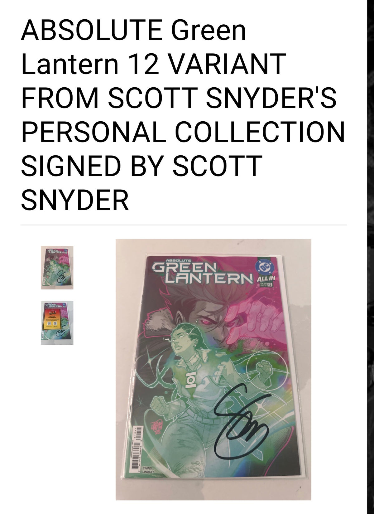 ABSOLUTE GREEN LANTERN #12 COVER A JAHNOY LINDSEY - FROM SCOTT SNYDER'S PERSONAL COMP COLLECTION - SIGNED BY SCOTT SNYDER w/COA