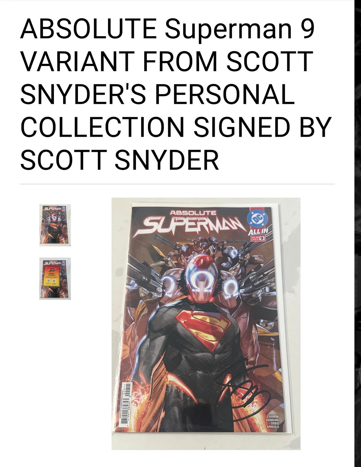 ABSOLUTE SUPERMAN #9 COVER A RAFA SANDOVAL - FROM SCOTT SNYDER'S PERSONAL COMP COLLECTION - SIGNED BY SCOTT SNYDER w/COA