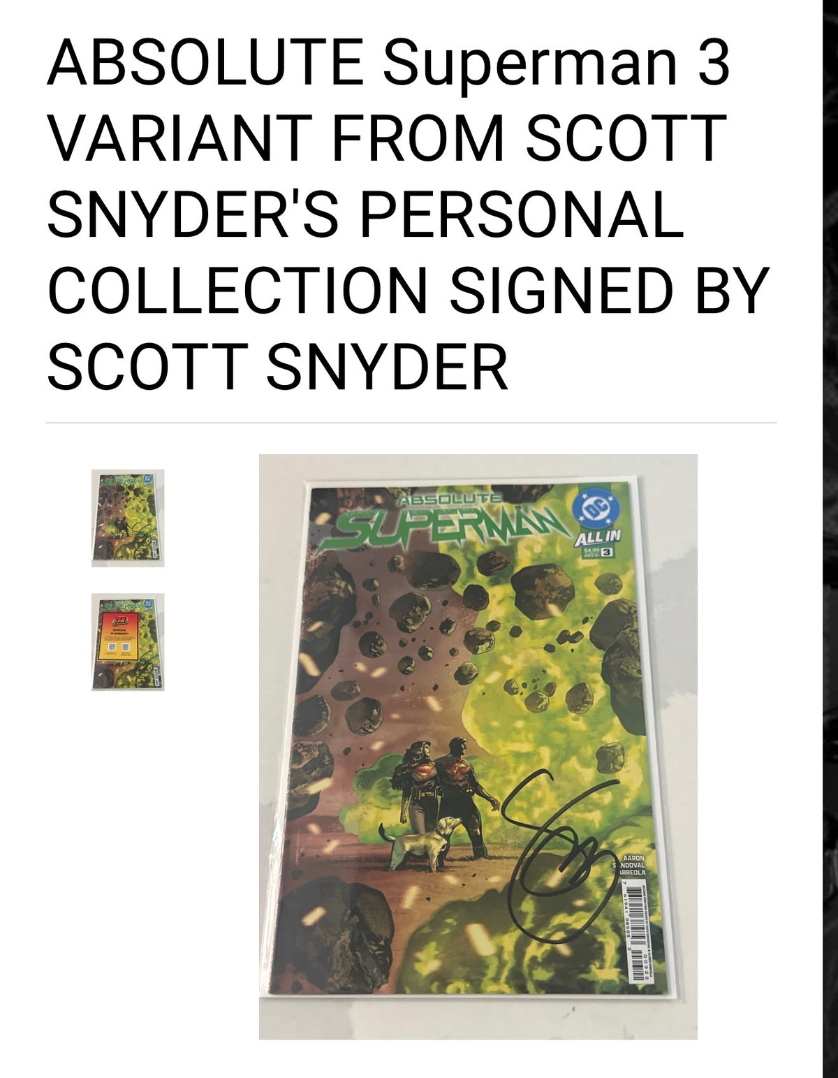 ABSOLUTE SUPERMAN #3 COVER A RAFA SANDOVAL - FROM SCOTT SNYDER'S PERSONAL COMP COLLECTION - SIGNED BY SCOTT SNYDER w/COA